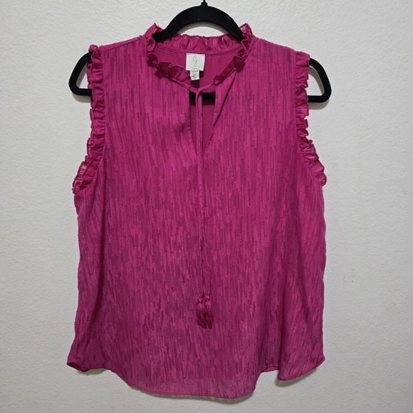 JOIE Vibrant Pink Ruffled Sleeveless Blouse Split Neck Size Medium - Picture 1 of 16